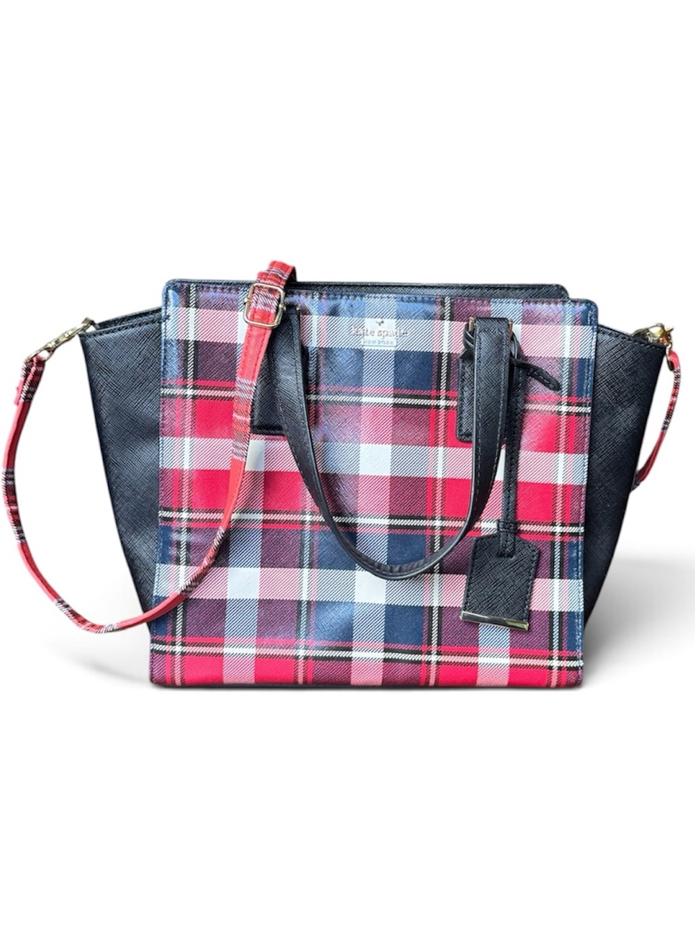 Kate Spade Plaid Tartan Tote Crossbody Bag Red Navy Black Shoulder Purse